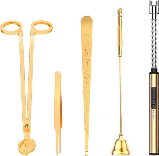 5 in 1 Candle Accessory Set,Candle Wick Trimmer Cutter,Candle Wick Dipper,Candle Wick Snuffer,Rechargeable Candle Lighter,Tweezers,Stainless Steel Candle Care Kit Home Gift for Aromatherapy(Gold)