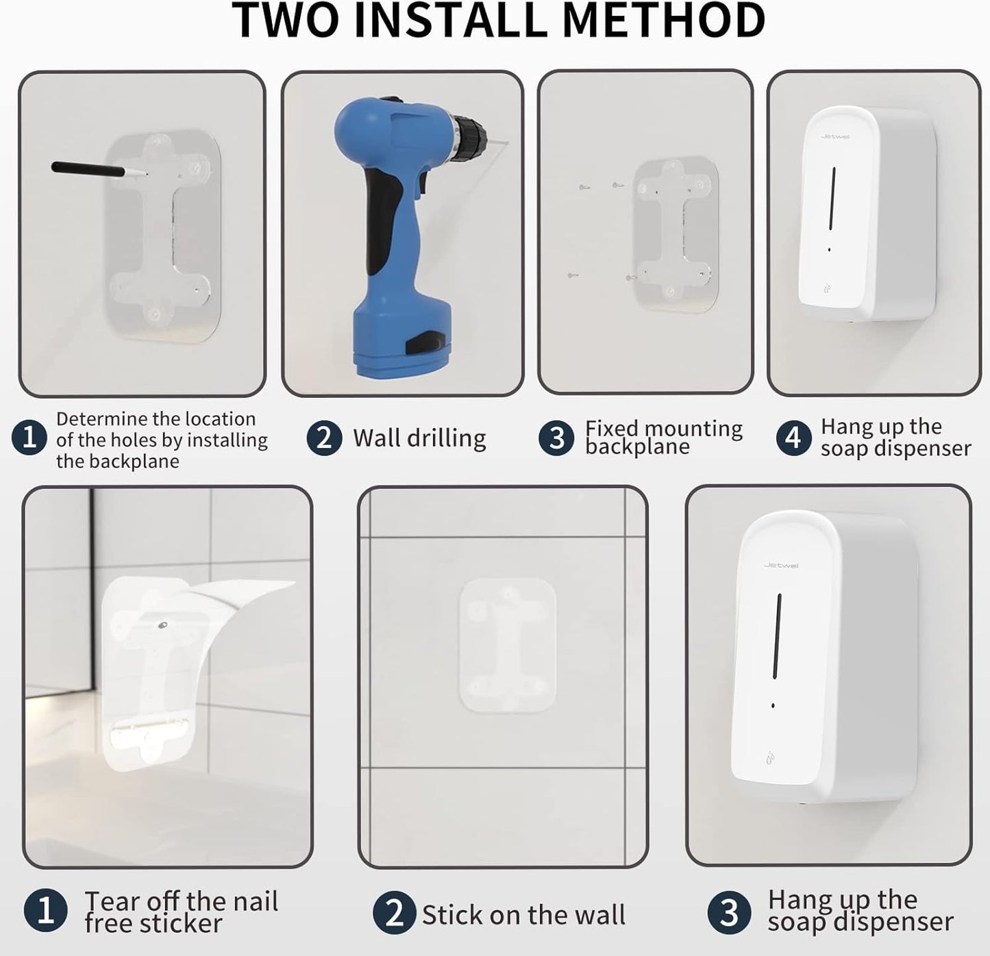 JETWELL Automatic Touch-Less Wall Mount Hand Soap Dispenser Liquid Drop Battery Operated, White Plastic Cover Large Capacity 34OZ/1000ML for Kitchen Home Commercial Bathroom