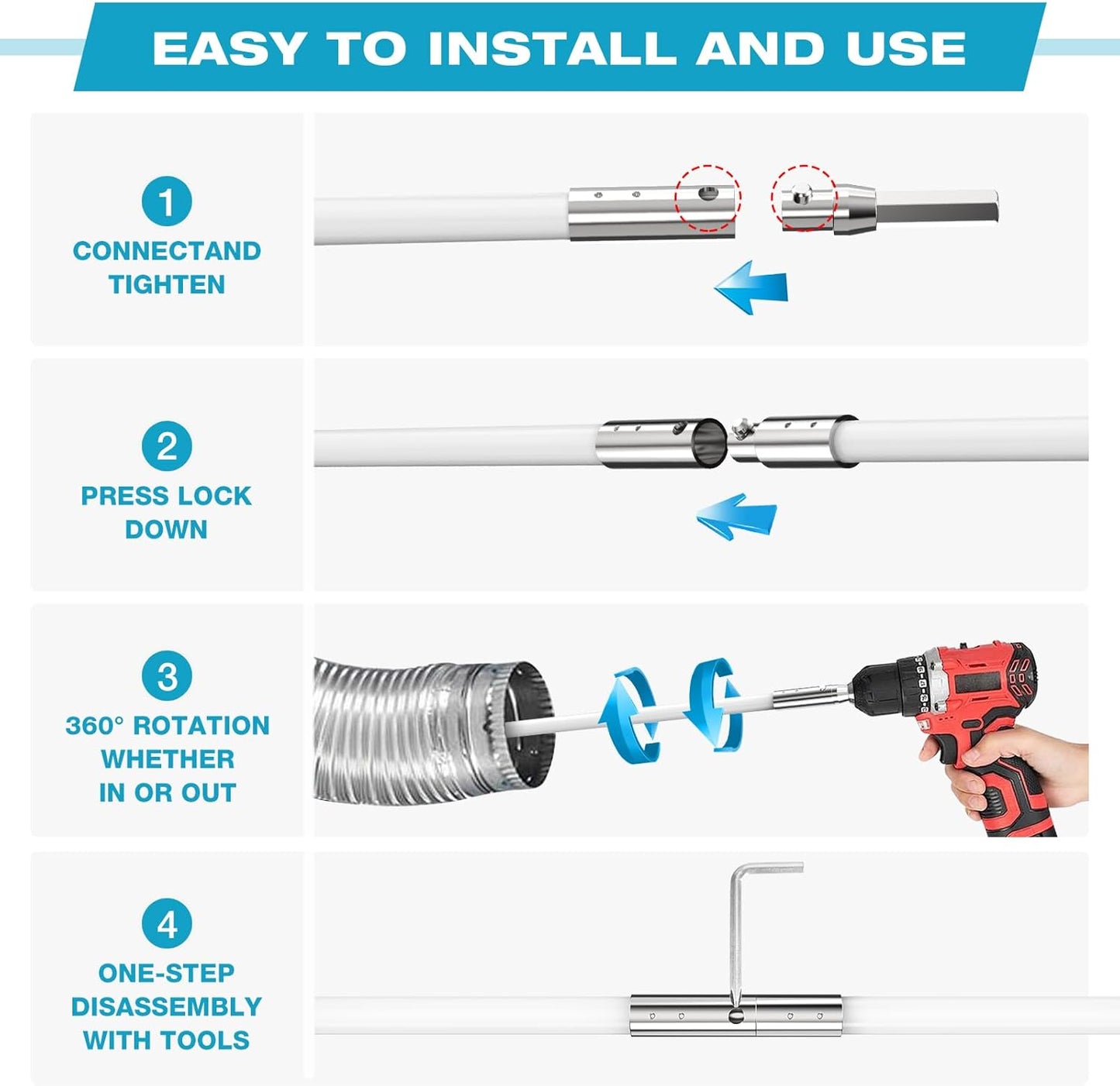 Sealegend 50 Feet Dryer Vent Cleaner Kit/Lint Remover/Fireplace Chimney Brushes/Upgraded Flexible Quick-Snap Brush with Drill Attachment for Easy to use/Cleaning Tools Use with or Without Power Drill