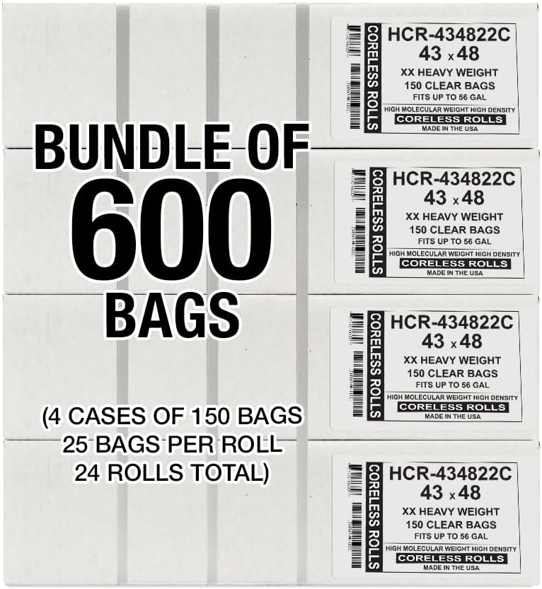 Aluf Plastics High Density Trash Bags, 56 Gallon, 600 Count, 22 Micron (eq), 43" x 48", Clear, for Bathroom, Office, Industrial, Commercial, Janitorial, Municipal, Recycling