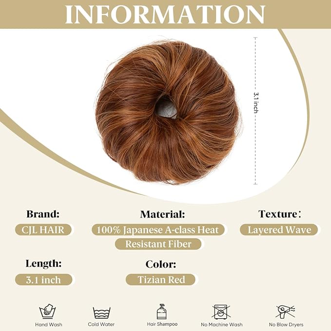 CJL HAIR 2PCs Small Cute Messy Bun Hair Piece for Thin Hair Women Mini Synthetic Curly Bun Scrunchies Updo Hairpieces Tizian Red