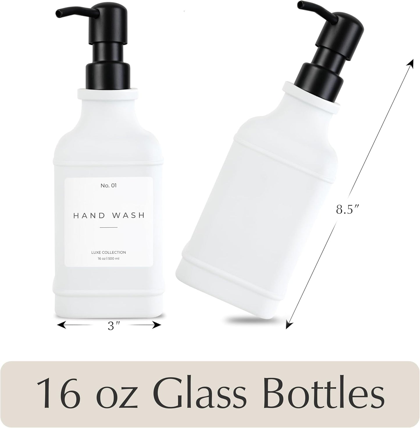 Emerson Essentials Glass Soap Dispenser Set – 16 oz 2-Pack – Refillable Dish & Hand Soap Dispensers for Kitchen or Bathroom – Stainless Steel Pump & Waterproof Labels Included