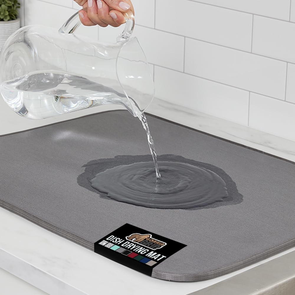 GORILLA GRIP Ultra Water Absorbent Microfiber Dish Drying Mat, Quick Dry Thick Mesh, Slip Resistant Pad for Sink Dishes or Under Rack, Kitchen Counter Accessories, 16x18, Machine Wash Mats, Gray