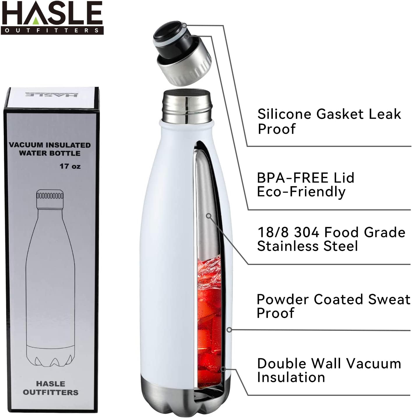 HASLE OUTFITTERS 17oz Stainless Steel Water Bottles Bulk, Vacuum Insulated Water Bottles Double Walled Powder Coated Reusable Metal Sports Water Bottles Keep Drinks Hot and Cold, White, 8Packs