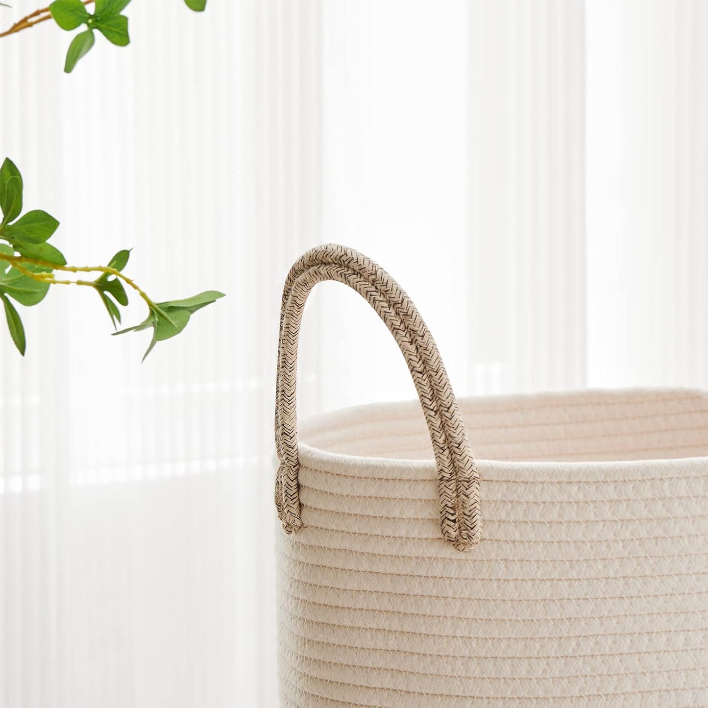 VIPOSCO Tall Laundry Hamper, Woven Rope Storage Basket for Blanket, Toys, Dirty Clothes in Living Room, Bathroom, Bedroom - 30L White & Brown