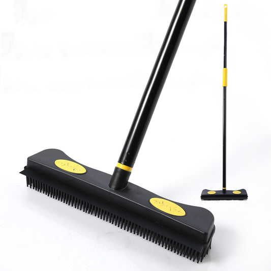 Yocada Pet Hair Removal Rubber Broom 2 in 1 Floor Brush with Squeegee Carpet Rake 57.5" Long Handle Fur Broom for Carpet Hardwood Floor Tile