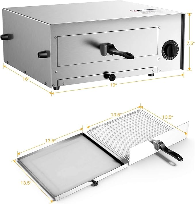 GOFLAME 1450W Electric Pizza Oven, 12 Inch Stainless Steel Pizza Oven Countertop with Insulated Handle & Removable Tray, Commercial Pizza Maker for Restaurant Home Party