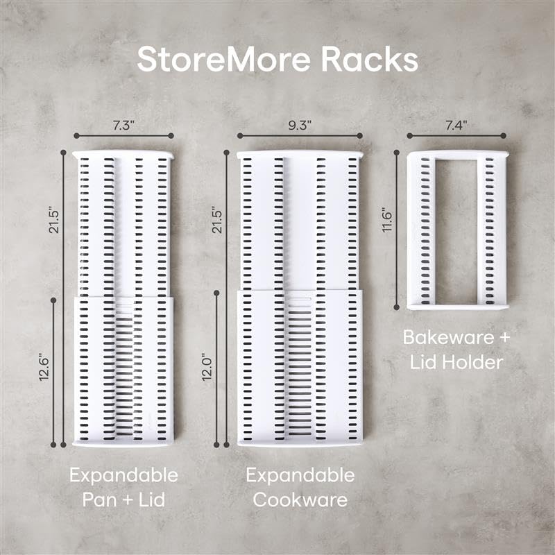 YouCopia StoreMore Bakeware Rack with Tall Steel Wires, Adjustable Pan and Lid Organizer, Classic Edition – White, Alloy Steel & Plastic, 11.5”W x 7.3”D x 6.4”H, Customizable Shelf - size: Standard