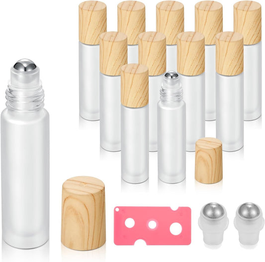 12 Pack Essential Oil Roller Bottles,10ml Empty Frosted Glass Roller Bottles with Stainless Steel Roller Balls and Caps Refillable Container for Perfume Roll on Bottles ( Wood Grain Plastic Caps)