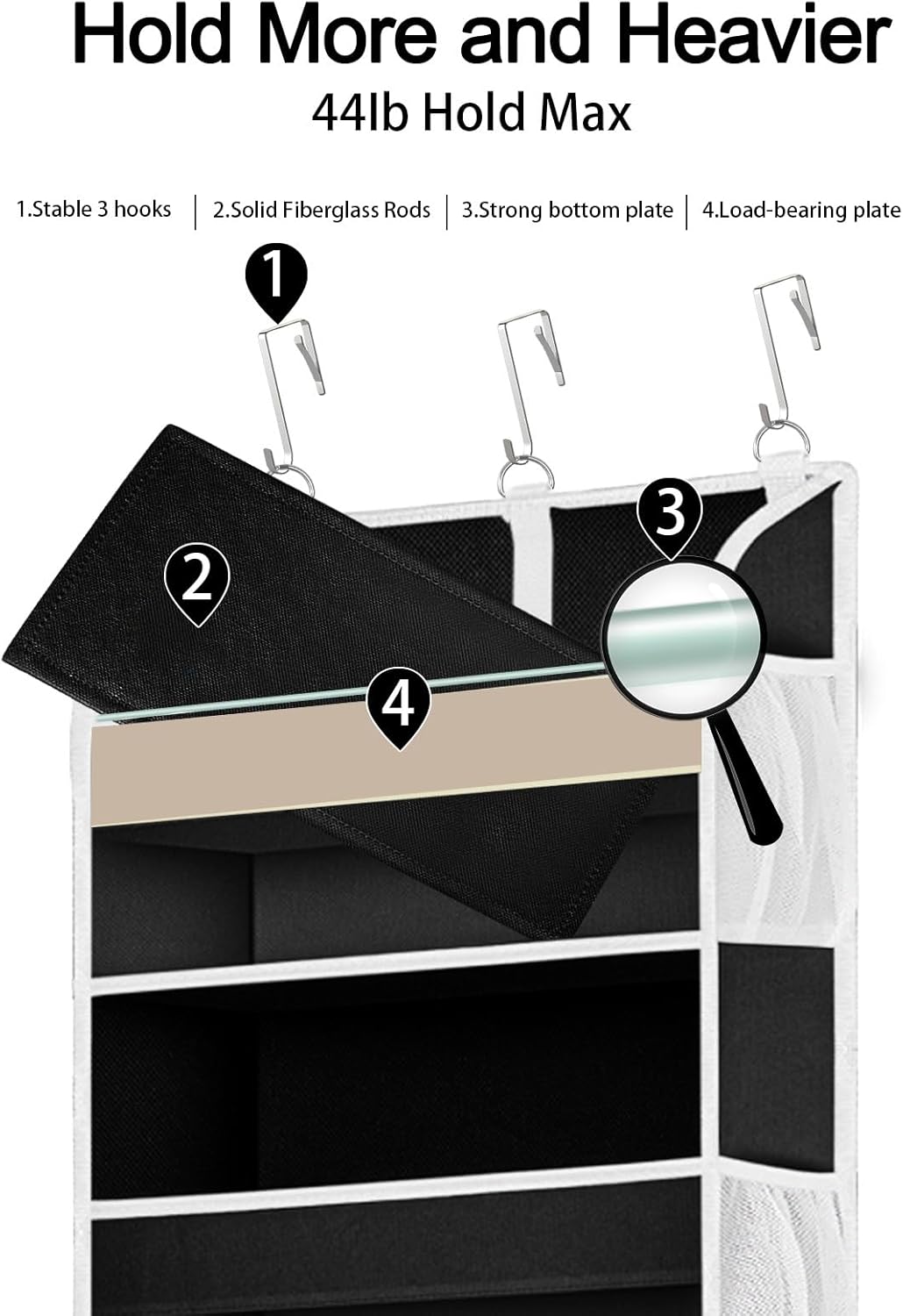 2 Pack Over The Door Storage Organizer with 5 Pockets 10 Mesh Side Pockets, 44 lbs Weight Capacity Door Hanging Organizers and Storage for Bedroom,Bathroom,Nursery,Pantry,Dorm(Black)