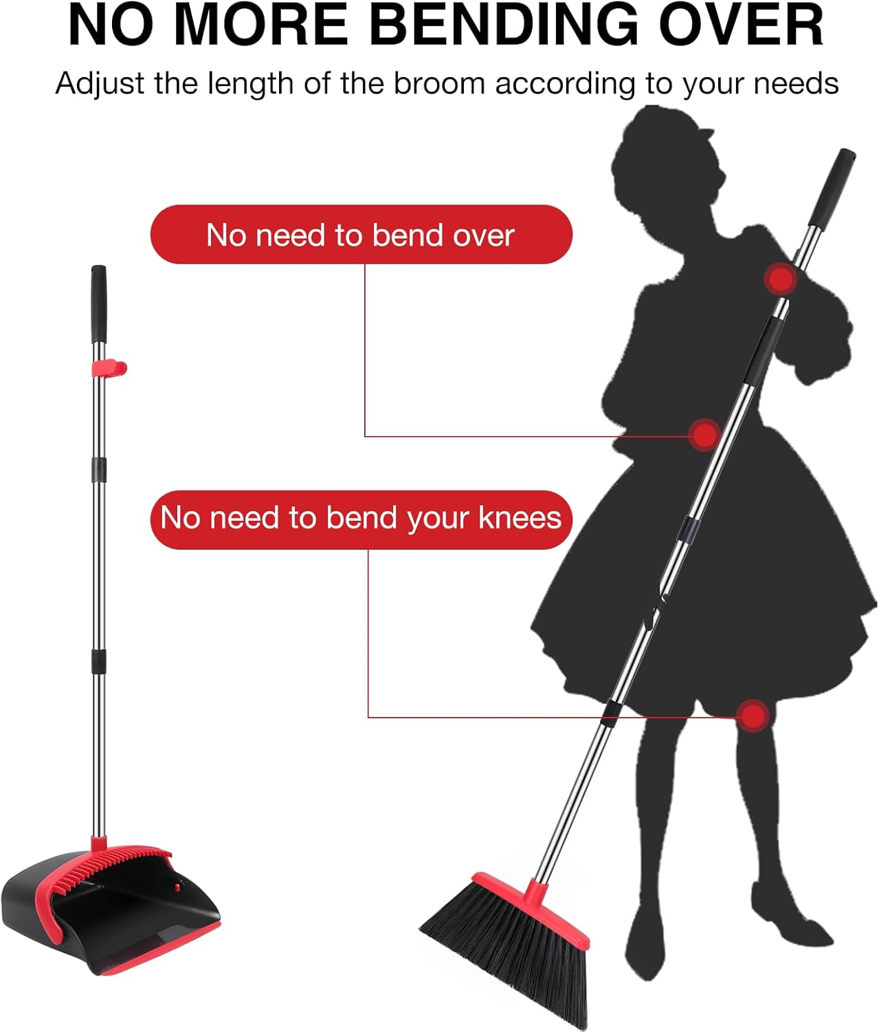 NACENA Broom and Dustpan Set, 52-in Long Adjustable Handle Broom Dustpan Combo with Dustpan Teeth to Automatically Clean Hair Suitable for Home Kitchen Office Hall Floor (Black&Red), 4 Pack