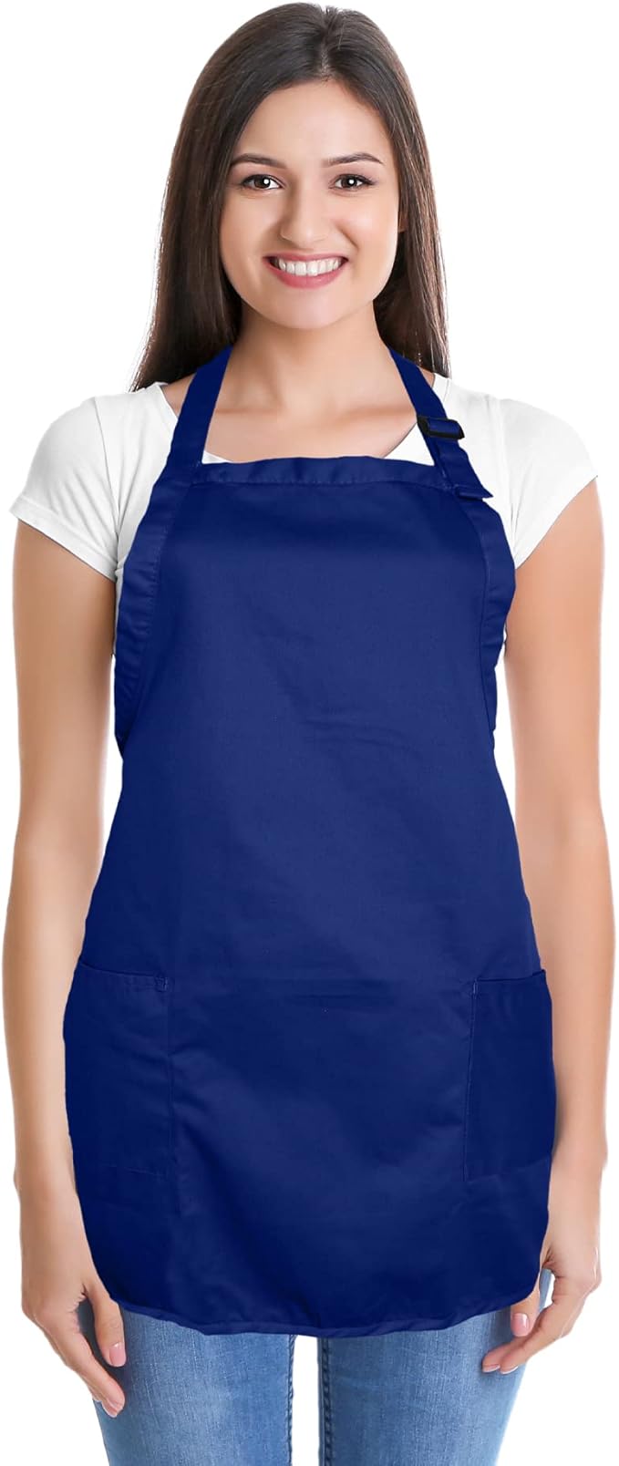 DALIX Apron Commercial Restaurant Home Bib Spun Poly Cotton Kitchen Aprons (2 Pockets) in Navy Blue 2 Pack
