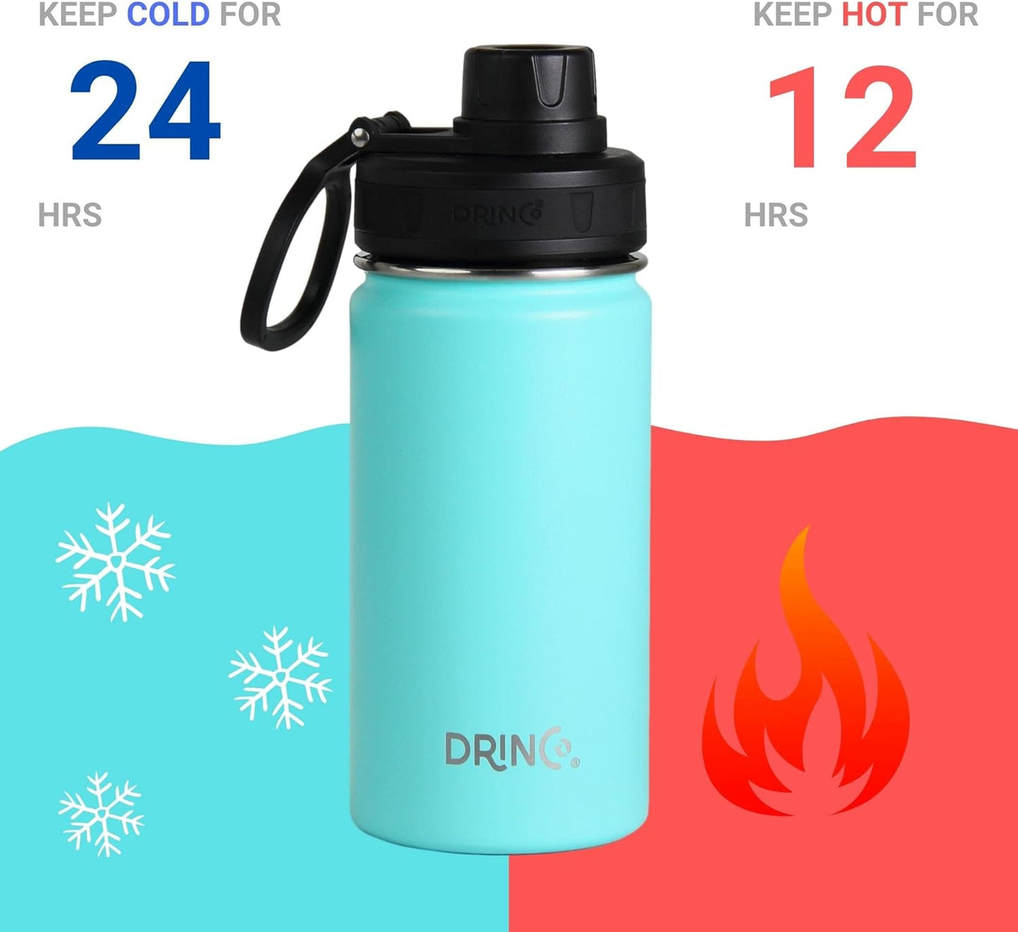 DRINCO Stainless Steel Water Bottle Spout Lid Vacuum Insulated Double Wall Water Bottle Wide Mouth (40oz 32oz 22oz 18oz 14oz) Leak Proof Keeps Cold or Hot (14 oz, 14oz Teal)