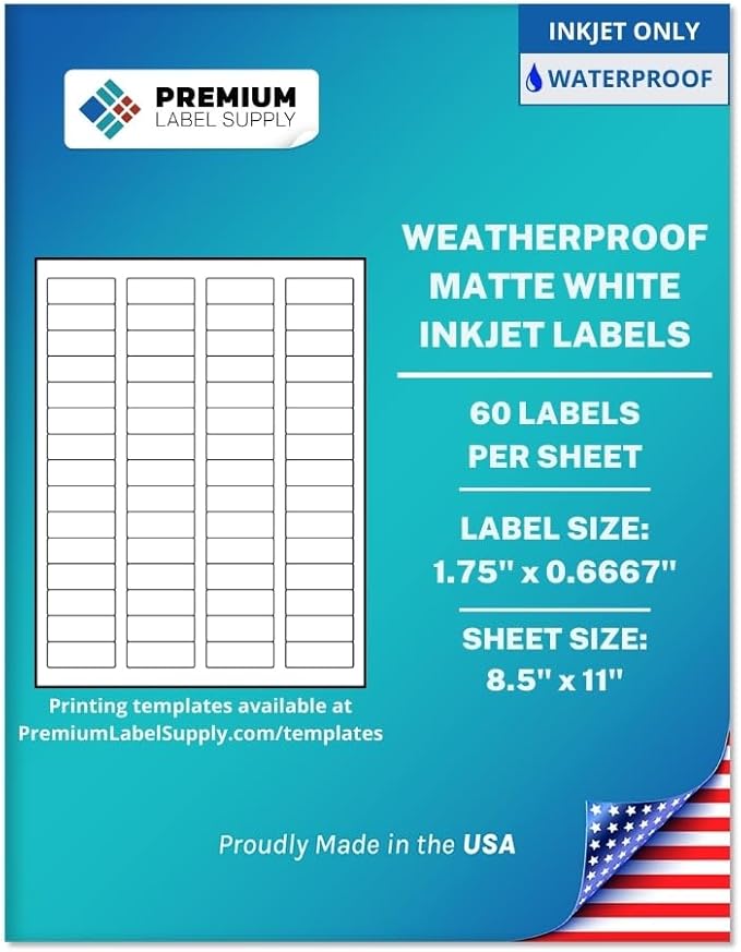 Premium Label Supply Waterproof White Return Address Sticker Labels – 1.75" x 0.667" – Inkjet Printers Only – (60 per Sheet), 10 Sheets - 600 Total Adhesive Labels