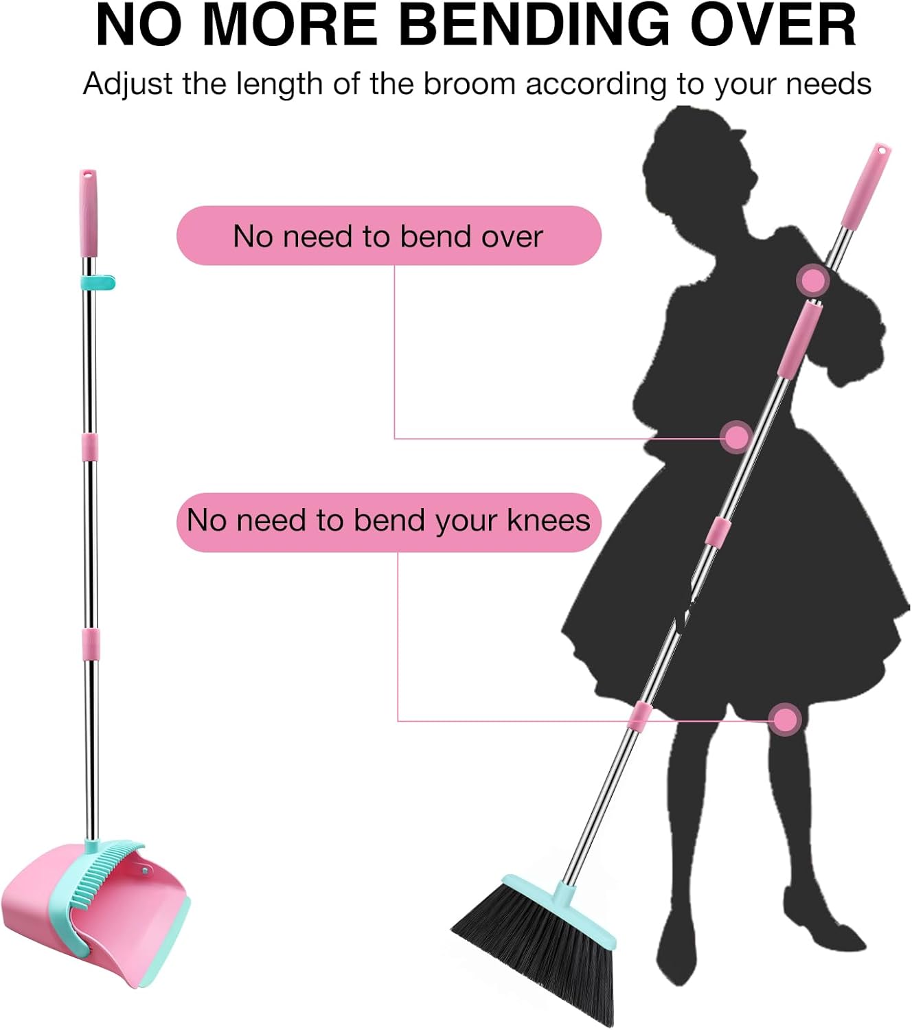 Broom and Dustpan Set, 52-in Long Adjustable Handle Broom Dustpan Combo with Dust pan Teeth to Automatically Clean Hair Suitable for Home Kitchen Office Hall Floor (Pink&Blue), 2 Pack