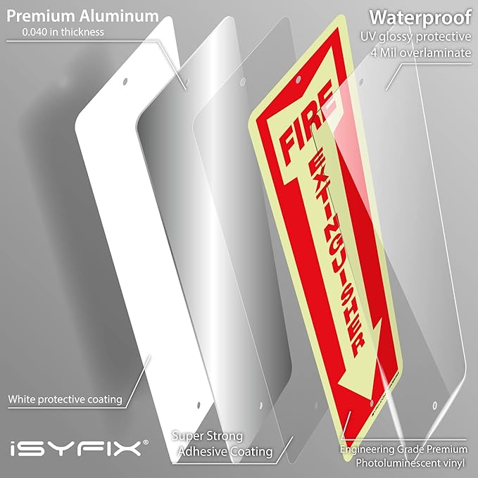 iSYFIX Fire Extinguisher Sign – 2 Pack 4x12 Inch – 100% Rust Free .040 Aluminum Signs, Glow in the Dark Laminated for Ultimate UV, Weather, Scratch, Water and Fade Resistance, Indoor and Outdoor