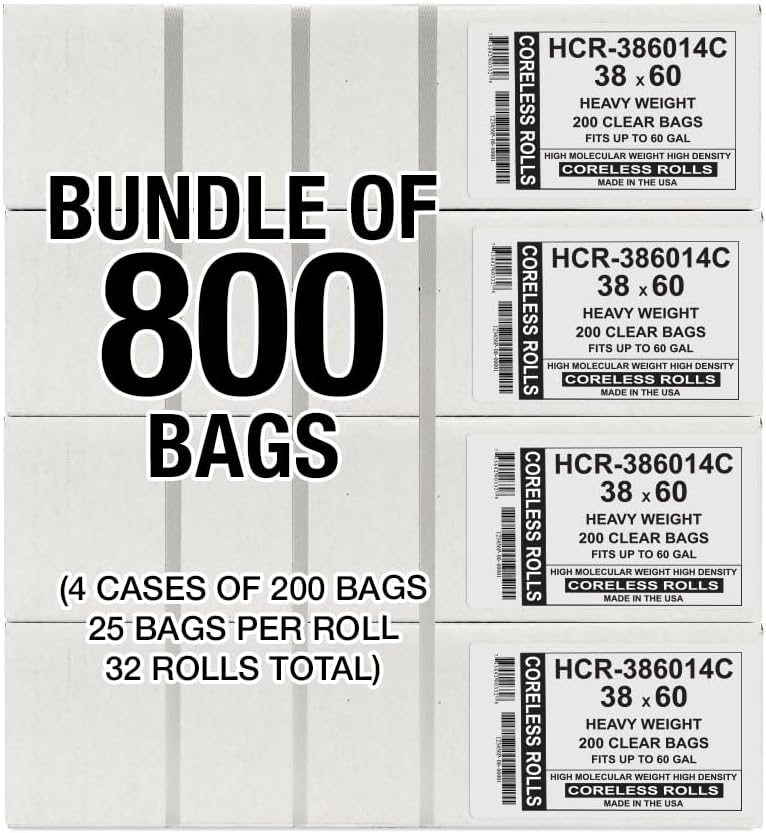 Aluf Plastics High Density Trash Bags, 60 Gallon, 800 Count, 14 Micron (eq), 38" x 60", Clear, for Bathroom, Office, Industrial, Commercial, Janitorial, Municipal, Recycling