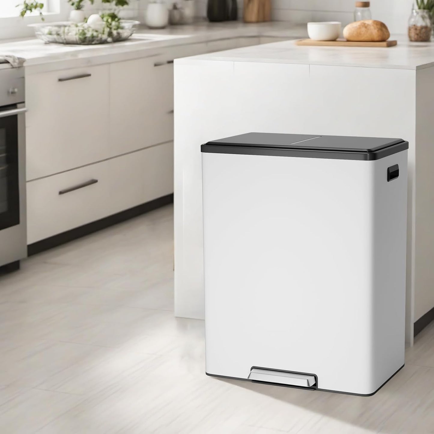 GarveeHome Step Dual Trash Can, 60L/16 Gallon Recycle Bins with Lid, 2 Removable Wastebusket, Step Pedal, Large Stainless Steel Double Trash Bin for Kitchen, Bathroom
