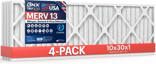 BNX TruFilter 10x30x1 Air Filter MERV 13 (4-Pack) - MADE IN USA - Electrostatic Pleated Air Conditioner HVAC AC Furnace Filters for Allergies, Pollen, Mold, Bacteria, Smoke, Allergen, MPR 1900 FPR 10
