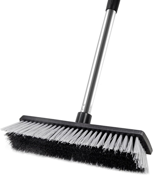 LandHope Hard Bristle Deck Broom Adjustable Long Handle Scrub Brush Heavy Duty Concrete Push Broom Outdoor Brush Garage Broom Wood Large Floor Scrubber 28-52 inch Balcony -Multi Segment Handle