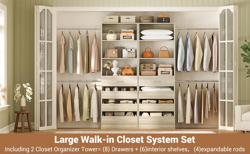 Aheaplus Closet System, 6-15Ft Closet Organizer with 8 Wooden Drawers, Wood Closet Organizer System with Tower, Walk-in Closet Organizer Wardrobe Garment Clothes Rack with 4 Hanging Rods, White Oak - color: White Oak