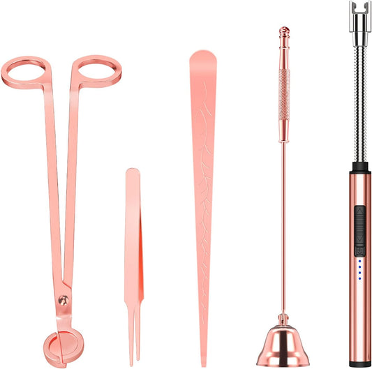 5 in 1 Candle Accessory Set,Candle Wick Trimmer Cutter Set,Candle Wick Dipper,Candle Wick Snuffer,Rechargeable Candle Lighter,Tweezers,Stainless Steel Candle Care Kit Gift for Aromatherapy(Rose Gold)…