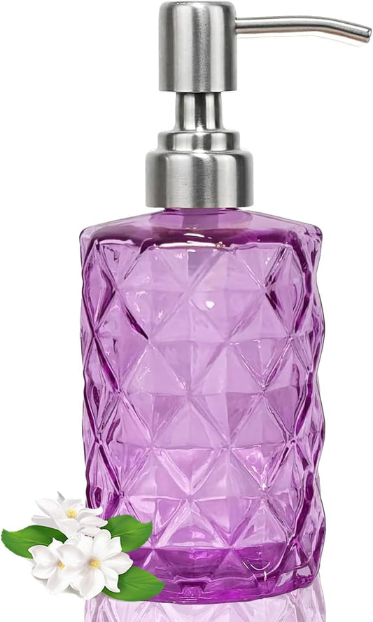 12Oz Purple Glass Soap Dispenser with Stainless Steel Pump, Refillable Kitchen Liquid Hand Soap Dispenser with Diamond Design, for Dispense Hand soap, Dish Soap, Lotion, Bathroom, Countertop, Hotel
