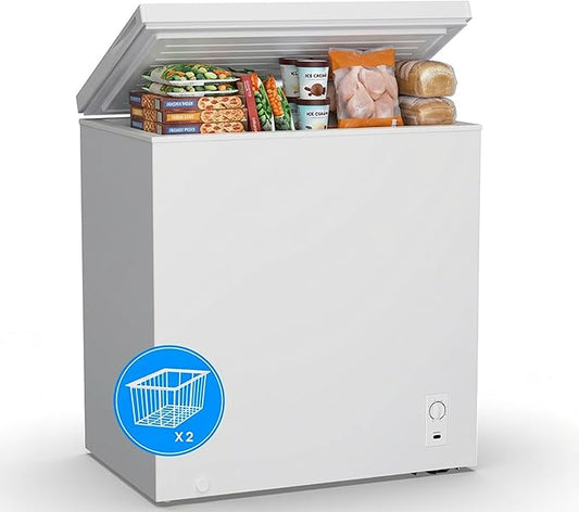 10 Cu.Ft Chest Freezer, Small Compact Deep Freezer with Adjustable 7 Thermostat, 2 Removable Baskets, Energy Saving, Quiet Top Open Door Mini Meat Freezer with LED Light for Garage Outdoor Home Office