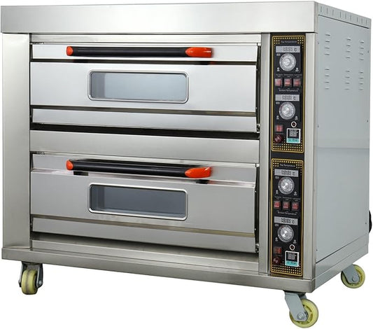 13.2KW Commercial Double Deck Oven Movable Stainless Steel Pizza Oven 20℃-400℃(68℉-752℉) Independent Temperature Control with 4 Baking Sheets For Commercial Baking 220V/3PH