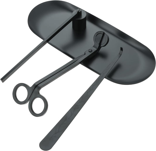 4 in 1 Candle Accessory Set with Storage Tray Plate, Candle Wick Trimmer, Candle Wick Snuffer, Candle Wick Dipper (Black)