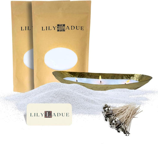 LILY LADUE Candle Refill Kit - 2Lb/32Oz Pearled Candles Sand and Wicks (48) and Hammered Gold Holder, Reusable Unique Sand Candles with Wicks for Candle Making, Bulk Unscented Pearl Wax Beads
