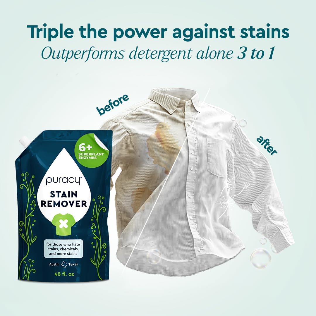 Puracy Stain Remover, Natural Based Travel and Laundry Stain Cleaner for Clothes, Baby Essentials, Kids Stains, Oil and Fabric Spot Cleaner, Unscented (Stain Remover Spray, 48 fl oz)