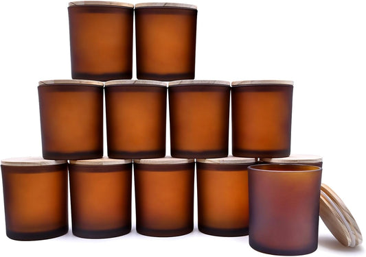14 OZ Thick Candle Jars for Making Candles 12 Pcs, 3 Wick Empty Jars with Wood Lids for Candle Making, Sample Container,Frosted Brown