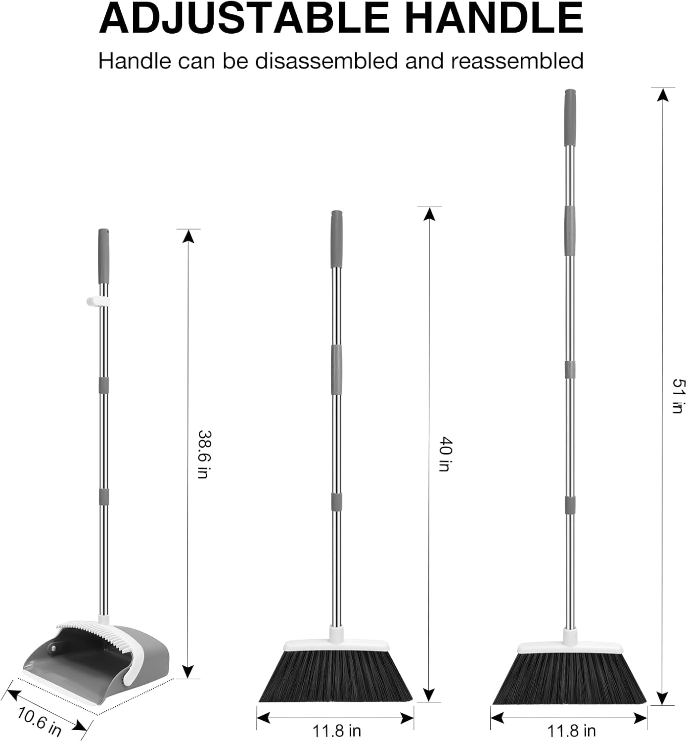 NACENA Broom and Dustpan Set, 52-in Long Adjustable Handle Broom Dustpan Combo with Dustpan Teeth to Automatically Clean Hair Suitable for Home Kitchen Office Hall Floor(Grey&White)