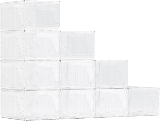 10 Pack Upgraded XX-Large Storage Organizer with Magnetic Door, New structure is more stable, Thicken & Sturdy Clear Stackable Interconnectable Shoe Box for Entryway, Closet, Under Bed