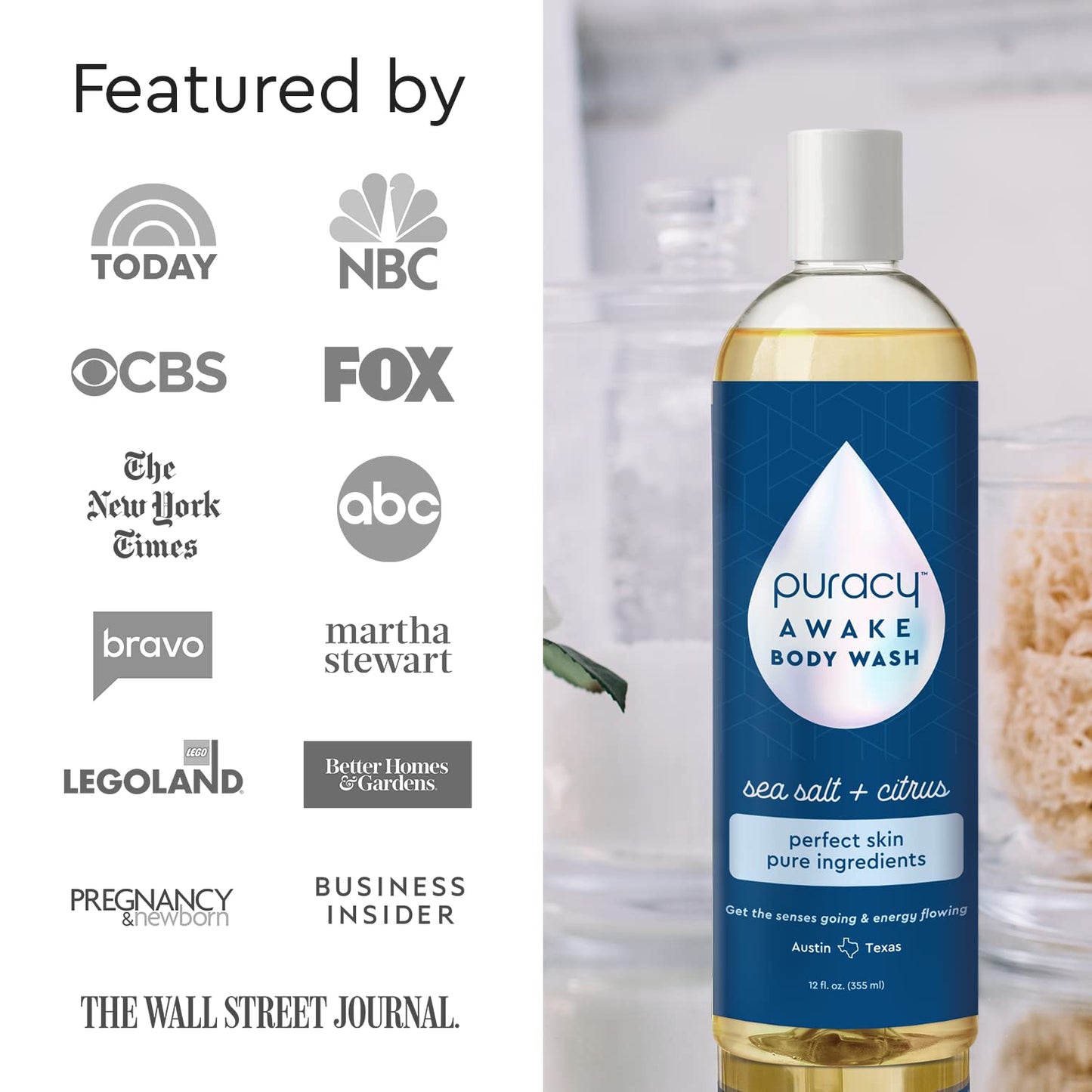 Puracy Body Wash, Natural Body Wash, 98.6% Pure Plant Ingredients, Moisturizing Shower Gel for Women Men Kids, Body Soap for Dry Sensitive Skin. Gently Scented with Citrus & Sea Salt, 12 Oz (2-Pack)