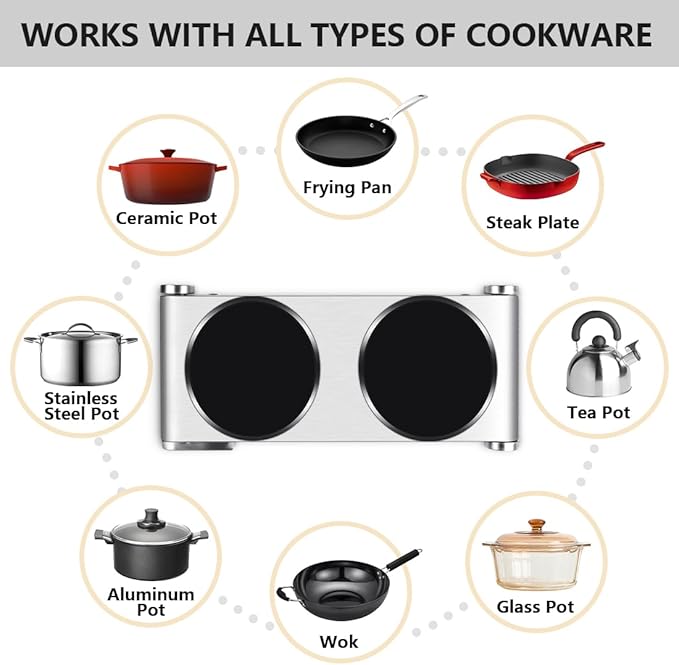 Double Burner, CUSIMAX Electric Burner 1800W Ceramic Hot Plate for Cooking, Glass Plate Infrared Burner, Portable Dual Control Electric Cooktop, Stainless Steel-Upgraded Version