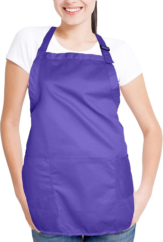 DALIX Apron Commercial Restaurant Home Bib Spun Poly Cotton Kitchen Aprons (2 Pockets) (1, Purple)