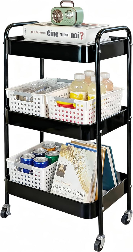 3 Tier Rolling Storage Cart for Kitchen Storage & Laundry Room Organization, Large Capacity Metal Utility Cart on Wheels and 4 Hooks for Art Lash Craft Bedside, Sturdy Nursery Organizer, Black
