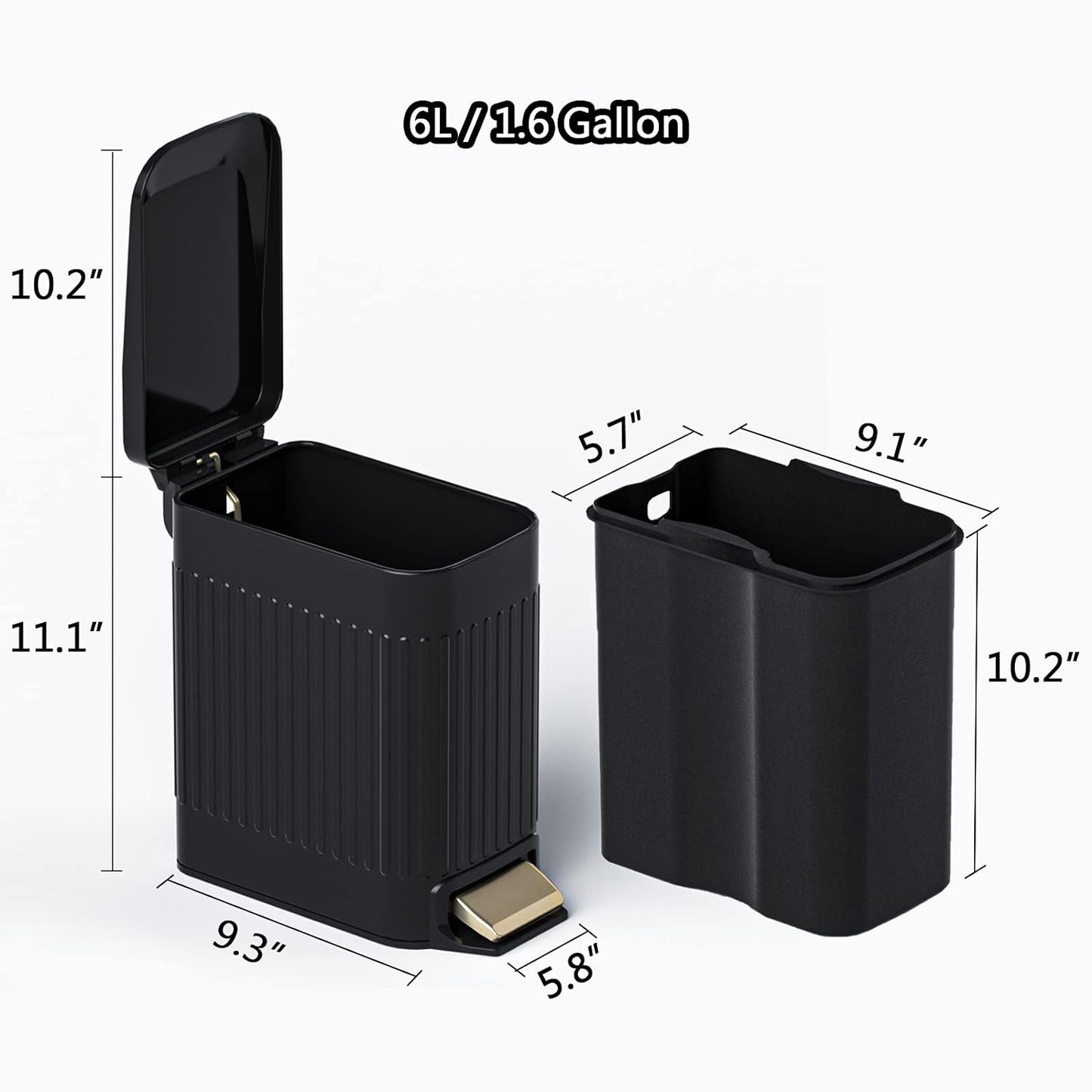 CEROELDA Small Bathroom Trash Can with Lid Soft Close-5L/1.3 Gal Slim Garbage Can-Metal Step Wastebasket-Rectangle Narrow Waste Bin for Office, Bedroom, Toilet, Live Room (Embossed-Black)