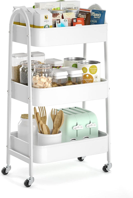 EAGMAK 3 Tier Utility Rolling Cart, Metal Storage Cart with Handle and Lockable Wheels, Multifunctional Storage Organizer Trolley with Mesh Baskets for Kitchen, Living Room, Office, Garage (White)