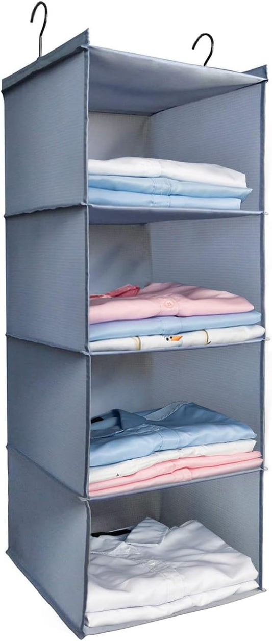 Hanging Closet Organizer, Easy Mount Foldable 4-Shelf Hanging Closet Wardrobe Storage Shelves, Clothes Handbag Shoes Accessories Storage, Washable Oxford Cloth Fabric, Gray