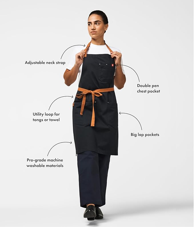 hedley & bennett Essential Apron - Adjustable Bib Chef Apron with 3 Pockets & Towel Loop - 8oz Cotton Canvas - Caviar