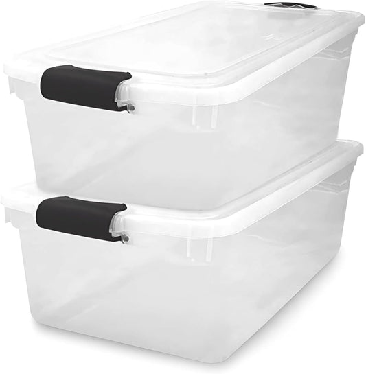 HOMZ 2-Pack Latching Lid, Large Clear Plastic Storage Bins with Lids, 66 Quart, Gray Latch - Stackable Container Boxes for Home, Bathroom, and Office Organization