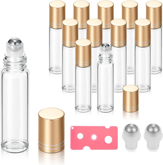 12 Pack 10ml Empty Roller Bottles for Essential Oils, Clear Glass Roller Bottles with Stainless Steel Roller Balls, Empty Refillable Leak Proof Roll on Bottles with Gold Caps (12 Pack Gold Caps)