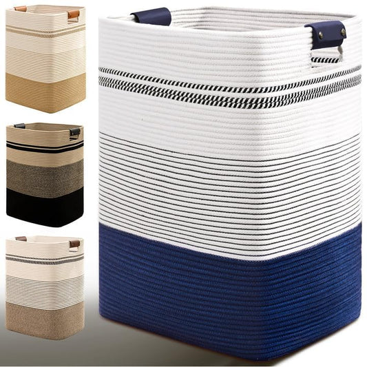 Laundry Hamper, 95L Tall Laundry Basket with Leather Handles, Rectangle Large Clothes Hamper for Organizing, Cotton Woven Laundry Baskets Storage Hampers for Bedroom, Nursery, Living Room - color: Dark Blue & White, size: 95L