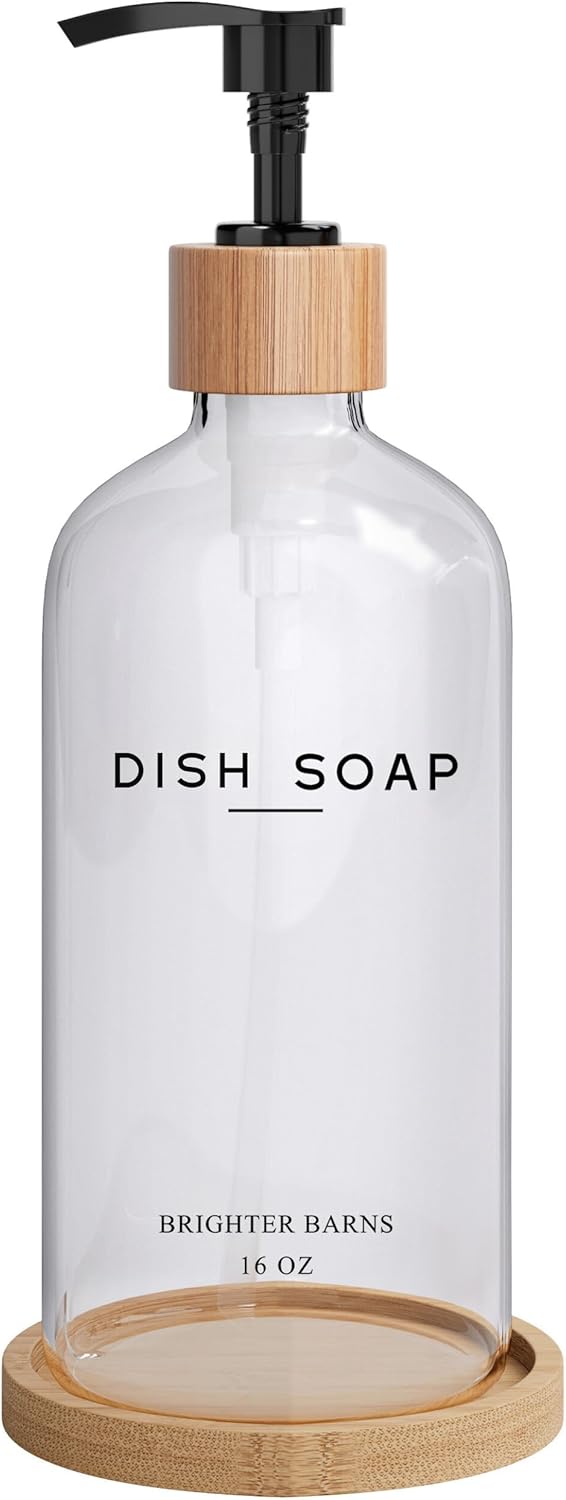 Clear Glass Dish Soap Dispenser by Brighter Barns - Kitchen Sink Set With Bamboo Tray - Modern Decor and Accessories, Minimalist Neutral Home (Clear)