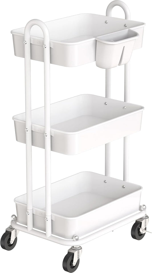 Simple Houseware 3-Tier Multifunctional Rolling Utility Cart with Hanging Bucket, White