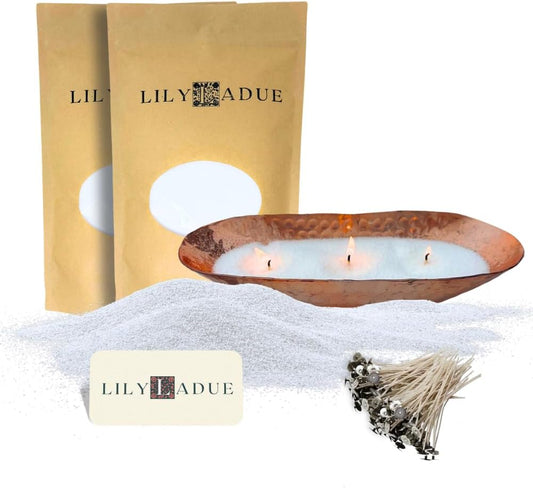 LILY LADUE Candle Refill Kit - 2Lb/32Oz Pearled Candles Sand and Wicks (48) and Hammered Copper Holder, Reusable Unique Sand Candles with Wicks for Candle Making, Bulk Unscented Pearl Wax Beads