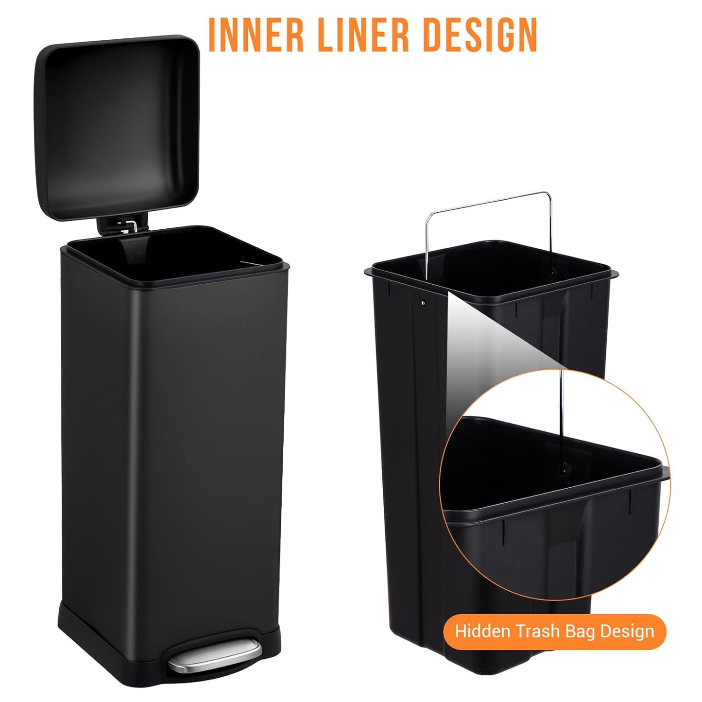 8 Gal/30L Slim Trash Can, Rectangular Step-On Stainless Steel Garbage Can, Soft-Close Lid, Anti-Fingerprint Surface, Recycling Bin with Removable Inner Basket, for Kitchen Dining Room, Black